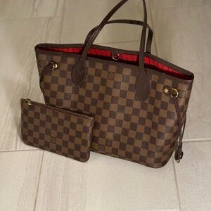 Louis Vuitton Brown Checkered Tote with Red Interior